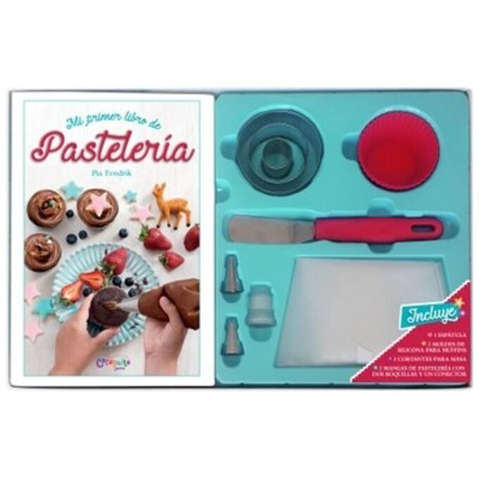 mi primer libro de pasteleria - pia fendrik - incluye 1 espátula, 2 moldes de silicona para muffin, 3 cortantes para masa, 2 mangas de pastelería con 2 boquillas y  un conector